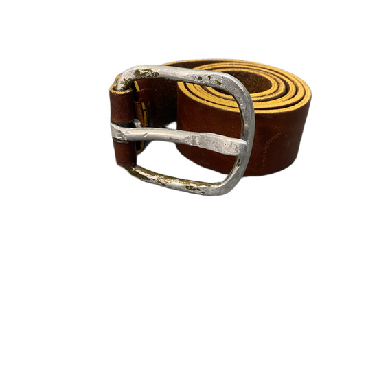 Closed Waist Belt Mens Handmade Brown Leather Silver Pin Buckle 37 inches