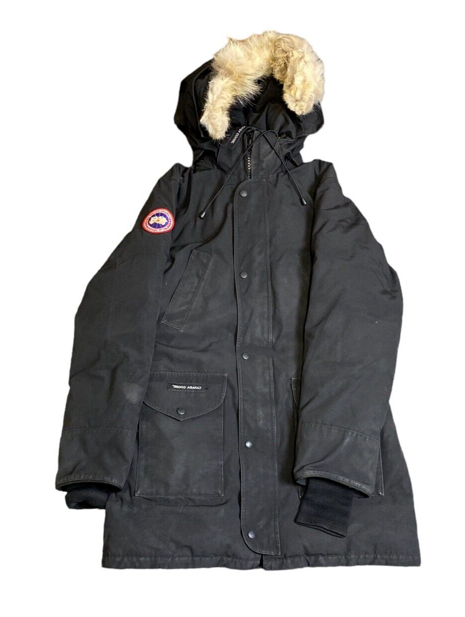 Canada Goose Parka Jacket Men's M Black Fur Hooded Long Sleeve Button Front