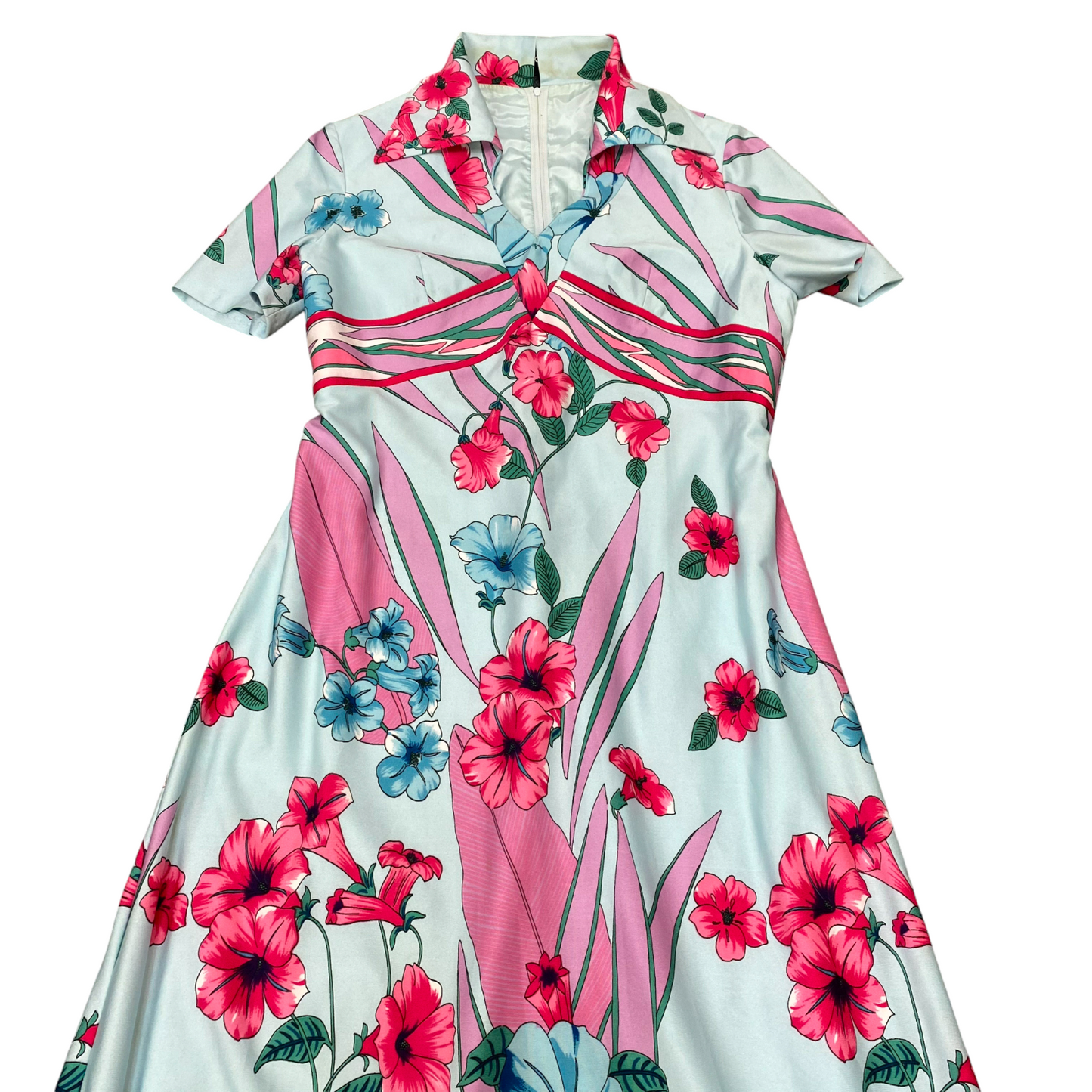 Womens Maxi Dress S Blue Pink Floral Comfy Short Sleeve Collared V Neck Back Zip