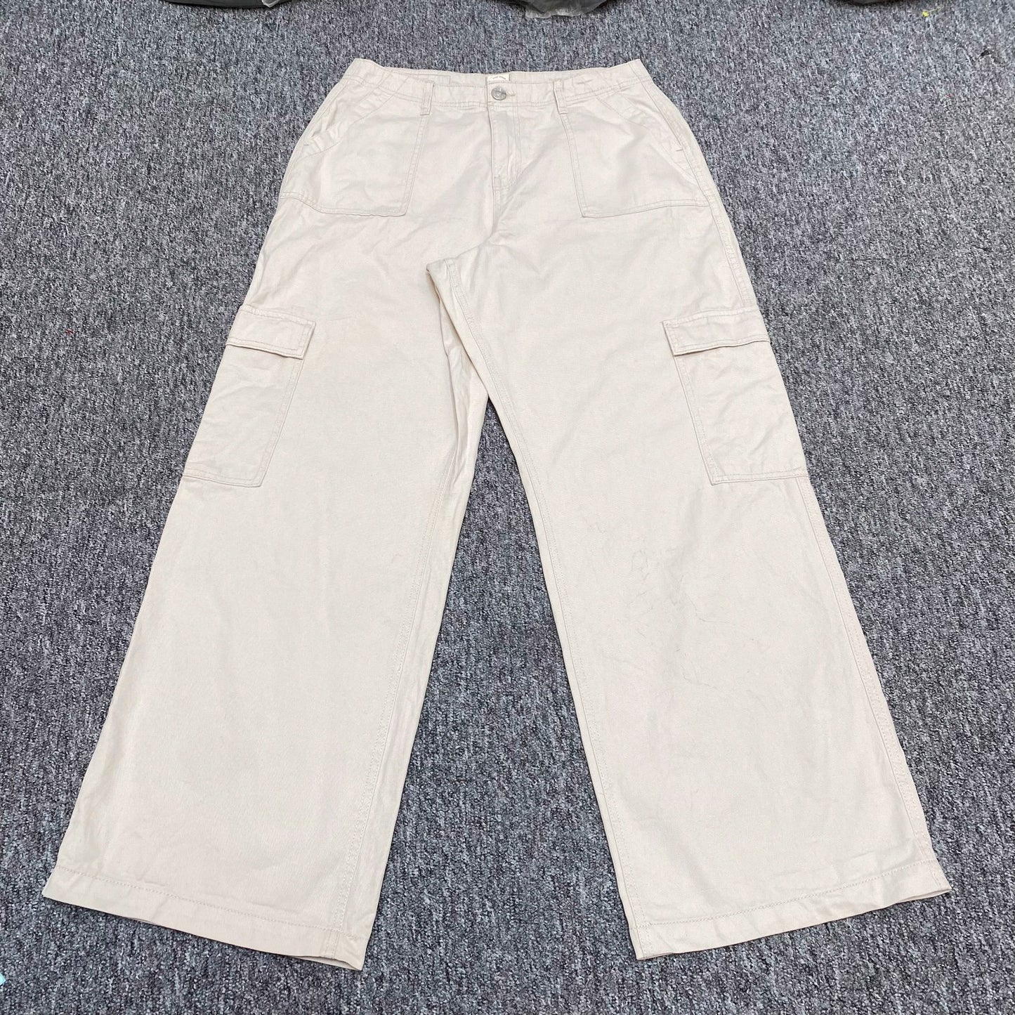 Womens Cargo Trousers Large Ivory Solid Flat Front Casual Comfort Regular Fit