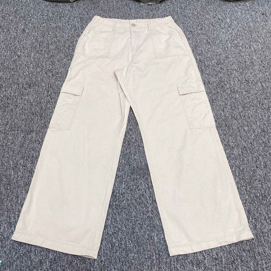 Womens Cargo Trousers Large Ivory Solid Flat Front Casual Comfort Regular Fit