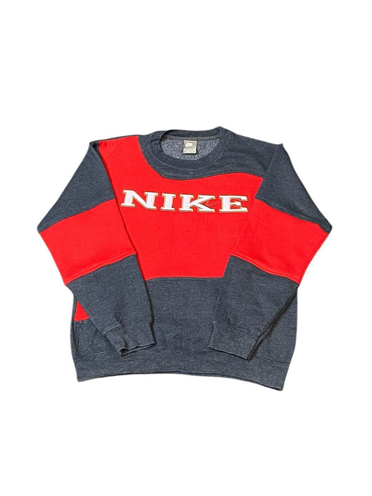 Nike Reworked Sweatshirt Mens Small Grey Red Spellout Logo Crew Neck Vtg Y2K