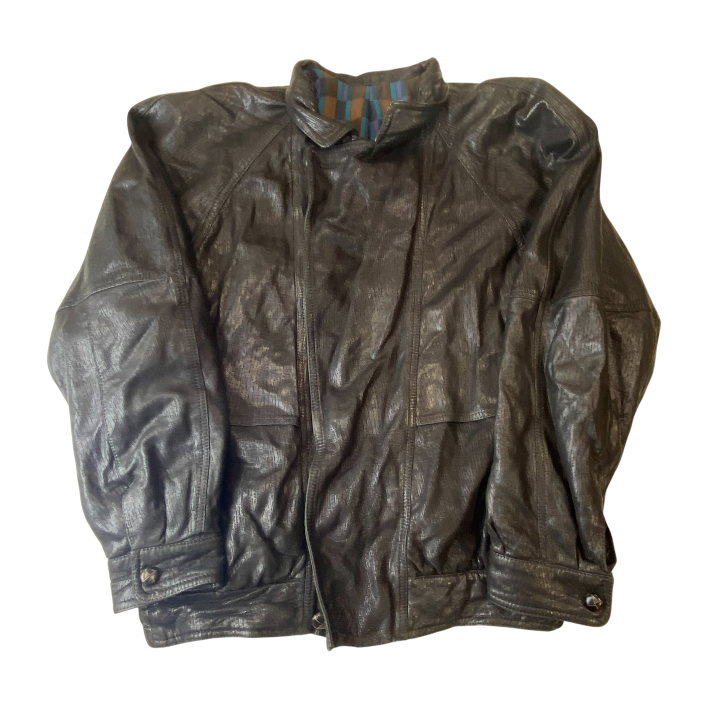 Mens Faux Leather Jacket M Brown Lined Oversized Button Front Elasticated Hem