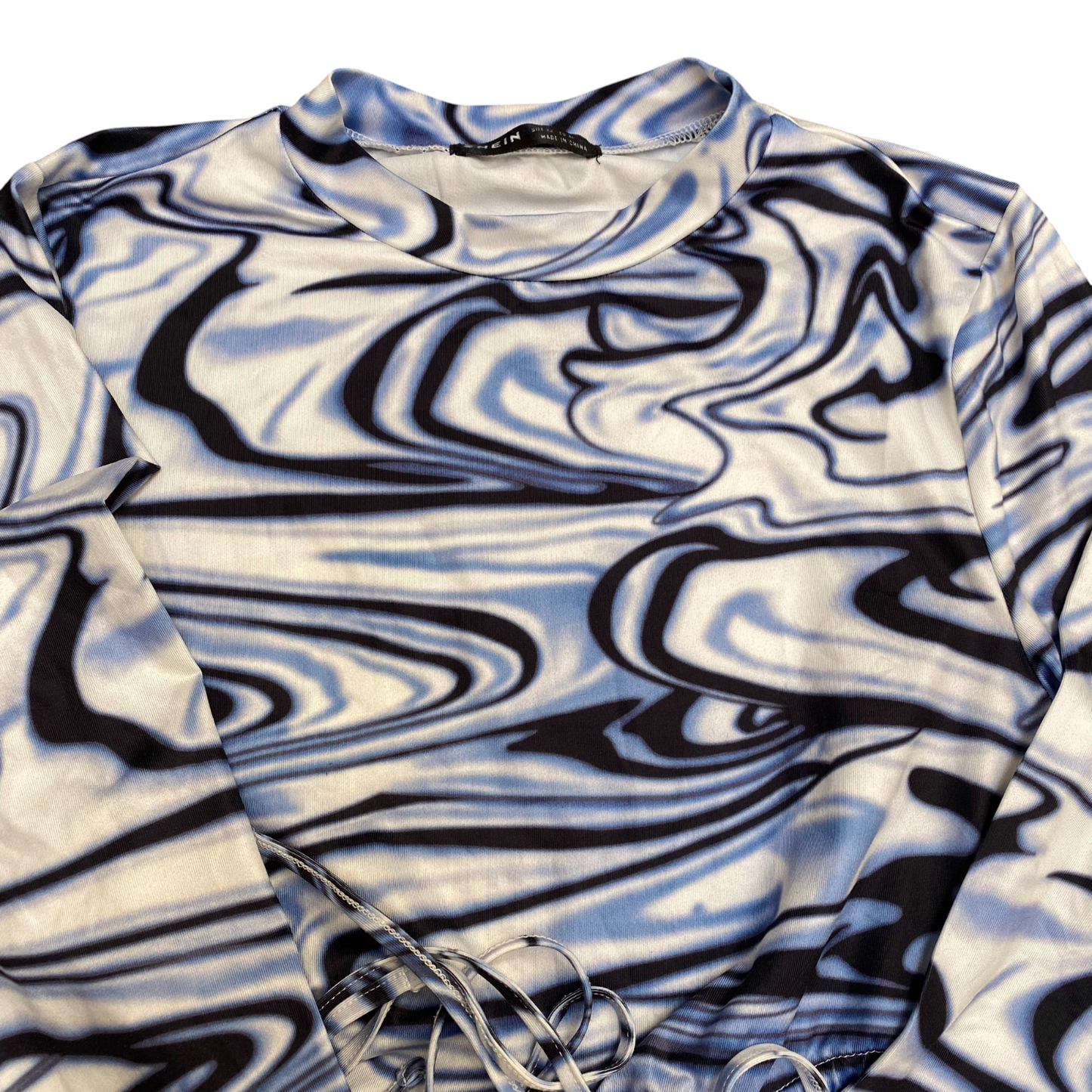 Shein Cropped Top Womens XS Blue Marble Print Long Sleeve Tie Side Retro Outdoor