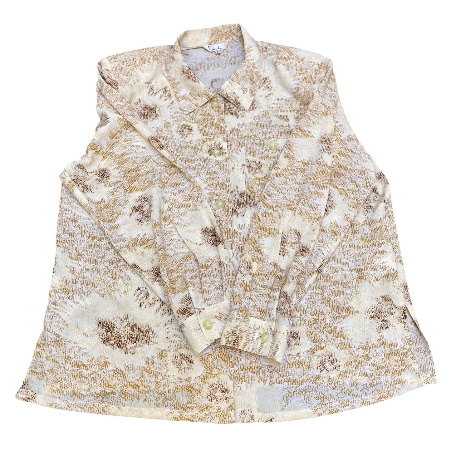 Collection Shirt Top Womens L Cream Marble Print Long Sleeve Collared Button Up