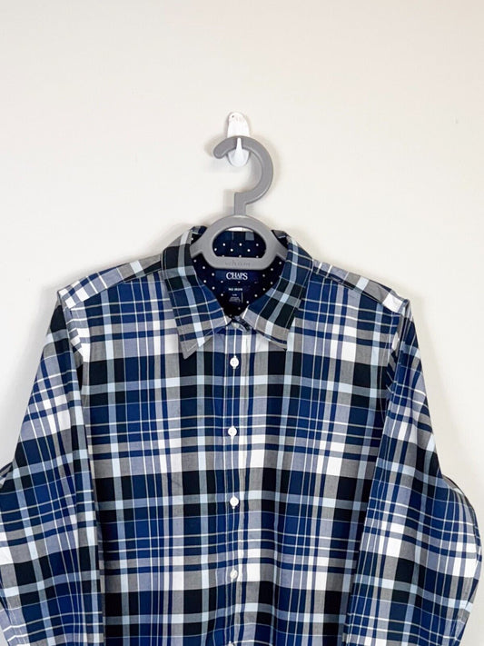 Chaps Shirt Men Large Blue Plaid No Iron Long Sleeve Collared Casual Button Down