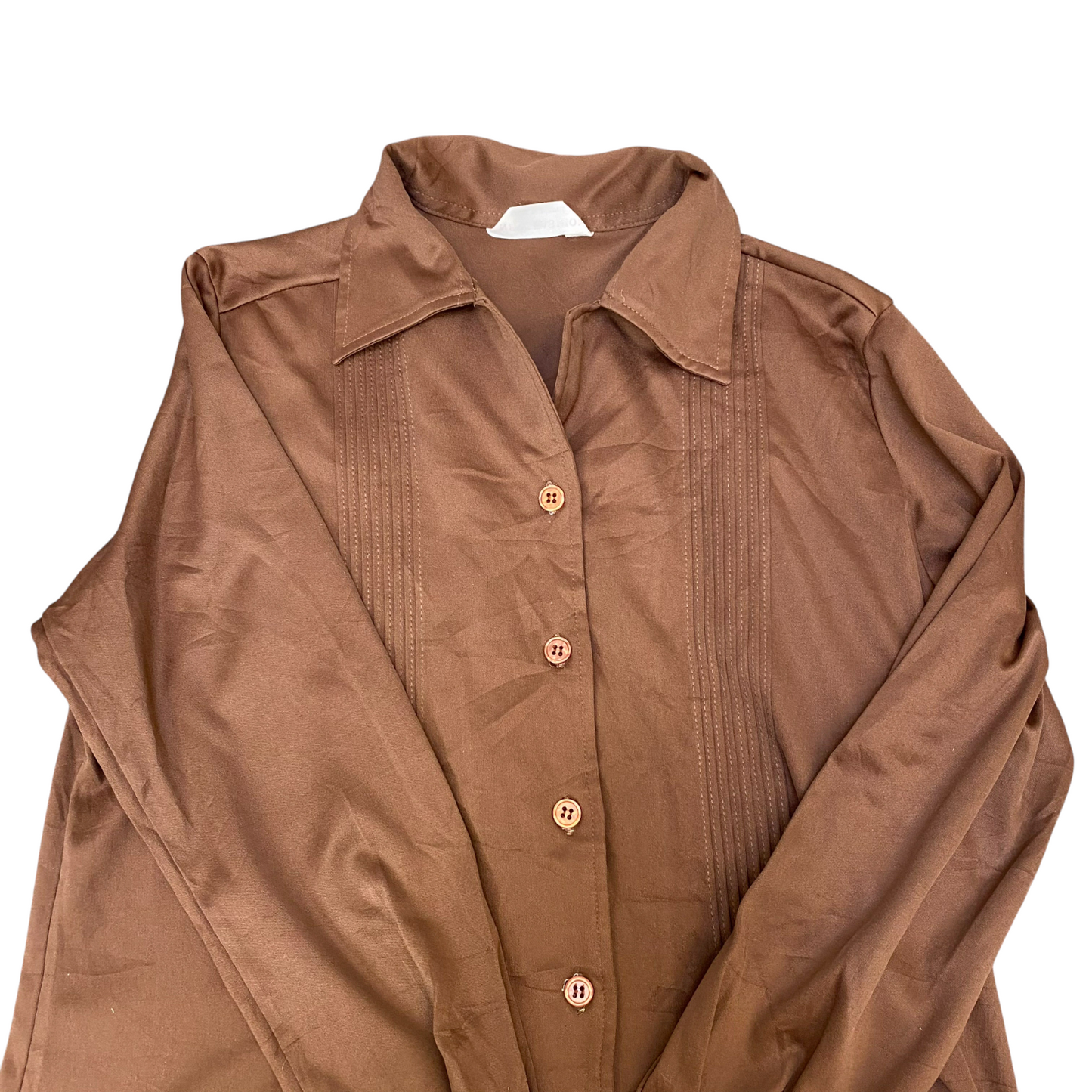Shirt Top Womens S Brown Satin Pintuck Detail Long Sleeve Collared Button Down