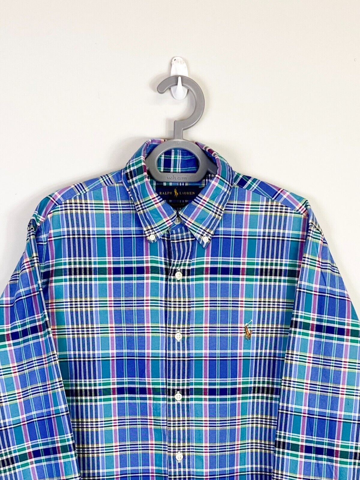 Ralph Lauren Shirt Mens Medium Blue Plaid Classic Fit Small Brown Polo Pony Logo