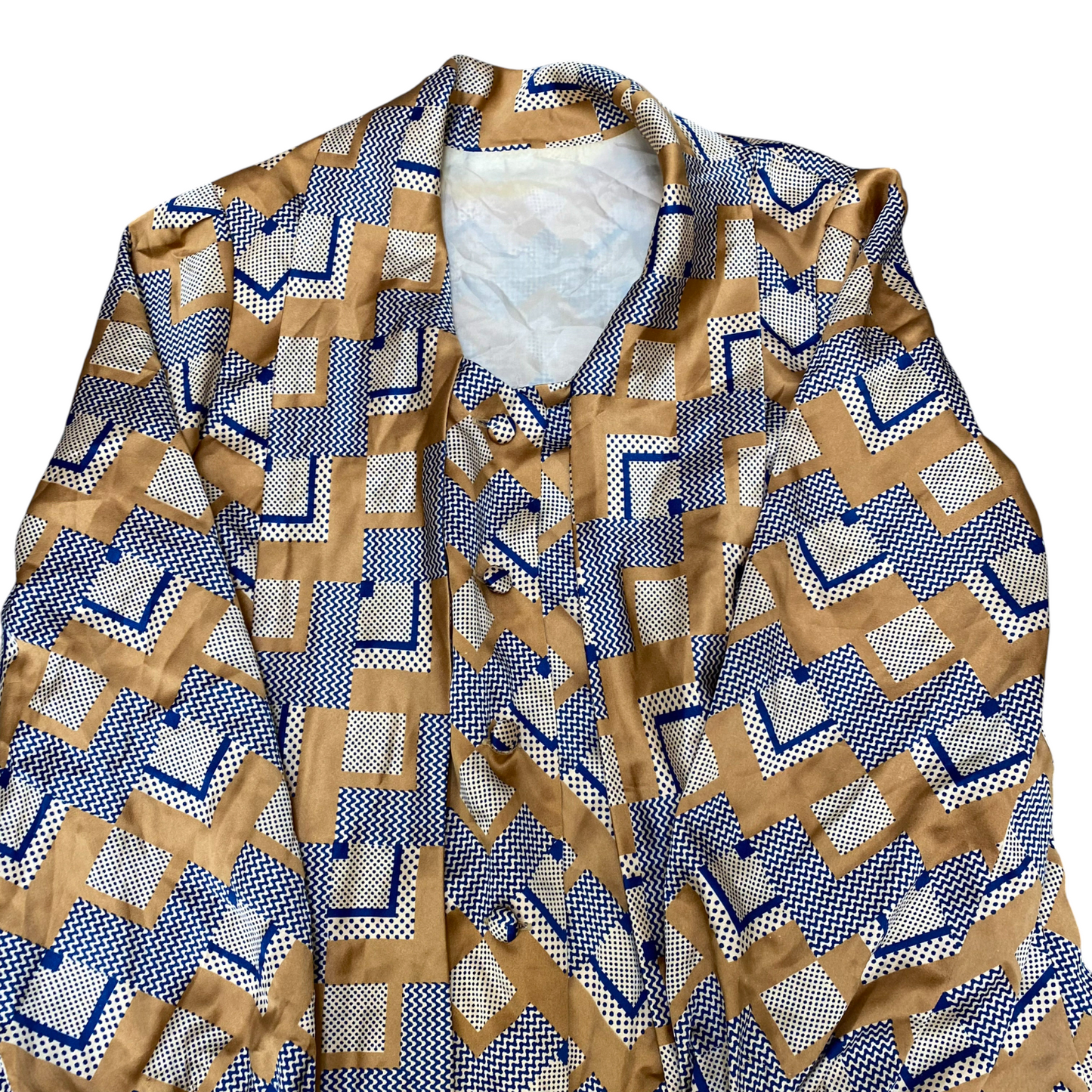 Blouse Top Womens M Brown Blue Geometric Long Sleeve Round Neck Button Front