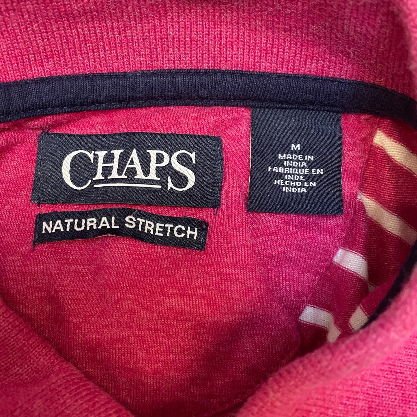 Chaps Polo Shirt Mens M Pink White Striped Natural Stretch High Low Slit Popover