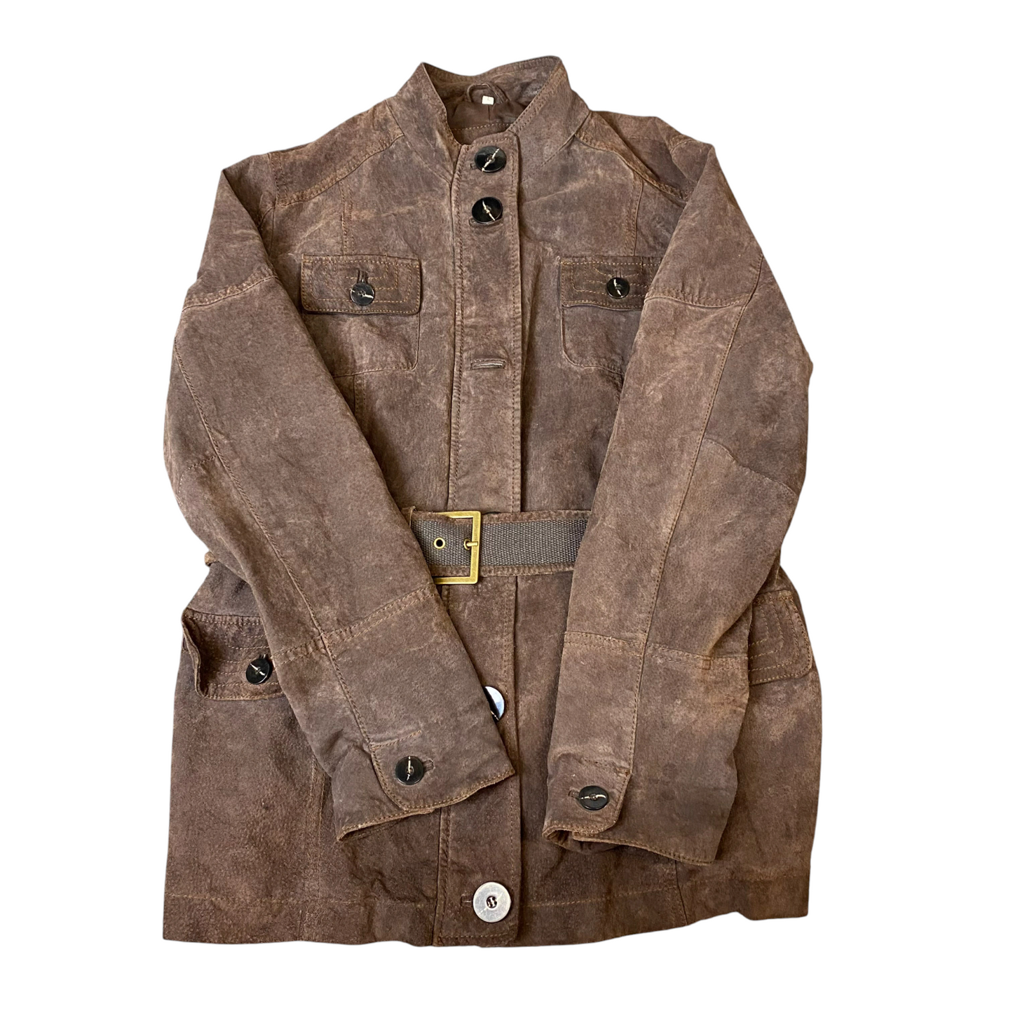 Yessica C&A Suede Leather Biker Jacket Womens L Brown Belted Waist Button Front