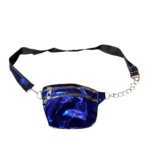Womens Outdoor Waist Fanny Pack Bum Bag Blue PU Leather Adjustable Strap Zipper