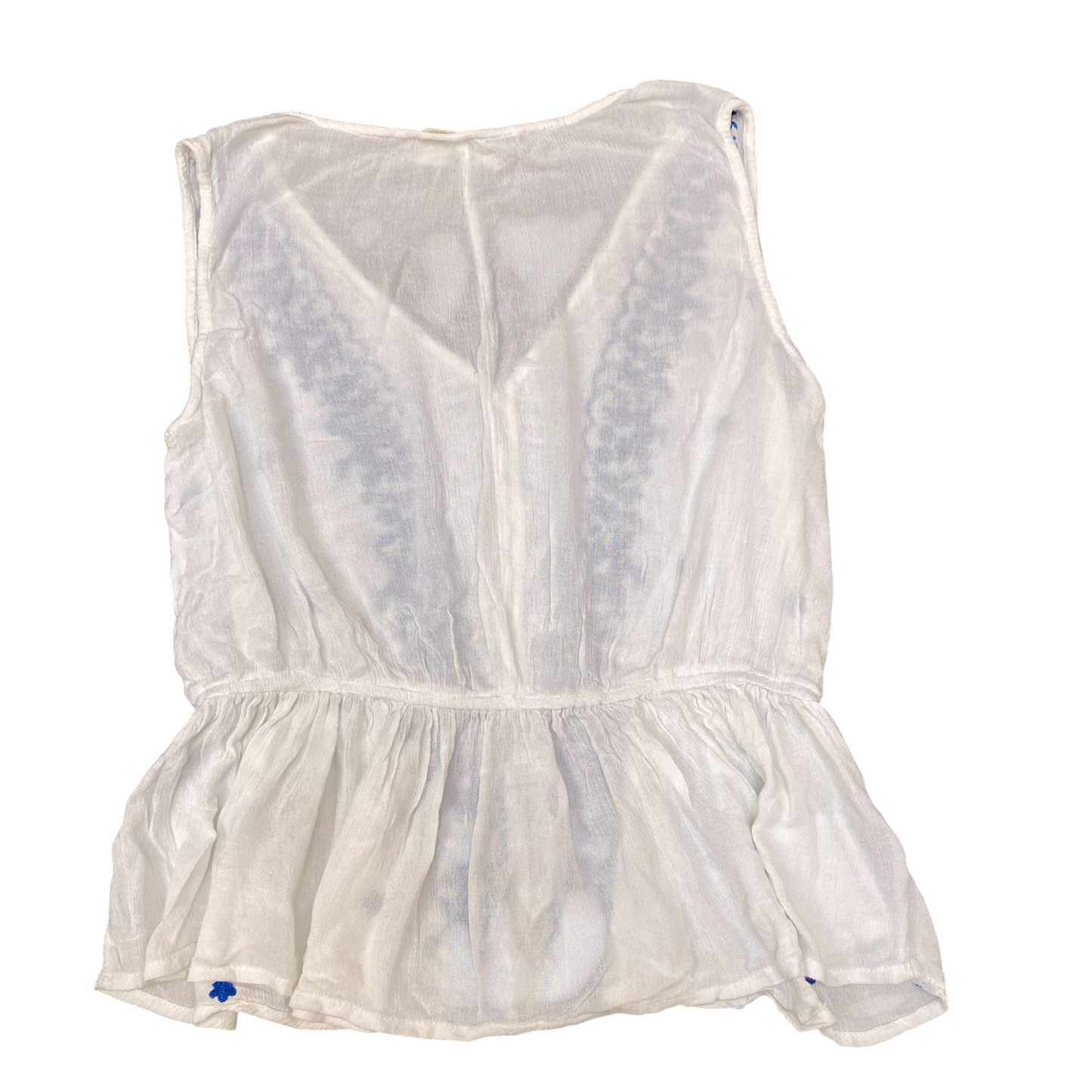 Tunic Top Womens M White Blue Embroidered Floral Peplum Hem Sleeveless V-Neck