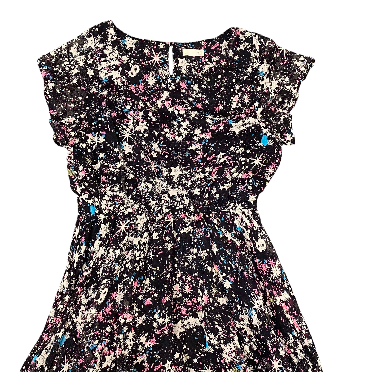 Phrase Shift Dress Womens S Black Geometric Pleated Cap Sleeve Keyhole Back