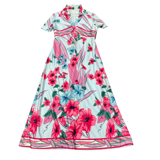 Womens Maxi Dress S Blue Pink Floral Comfy Short Sleeve Collared V Neck Back Zip