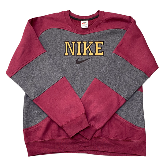 Nike Reworked Sweatshirt Mens Medium Red Grey Spellout Logo Crewneck Vintage Y2K