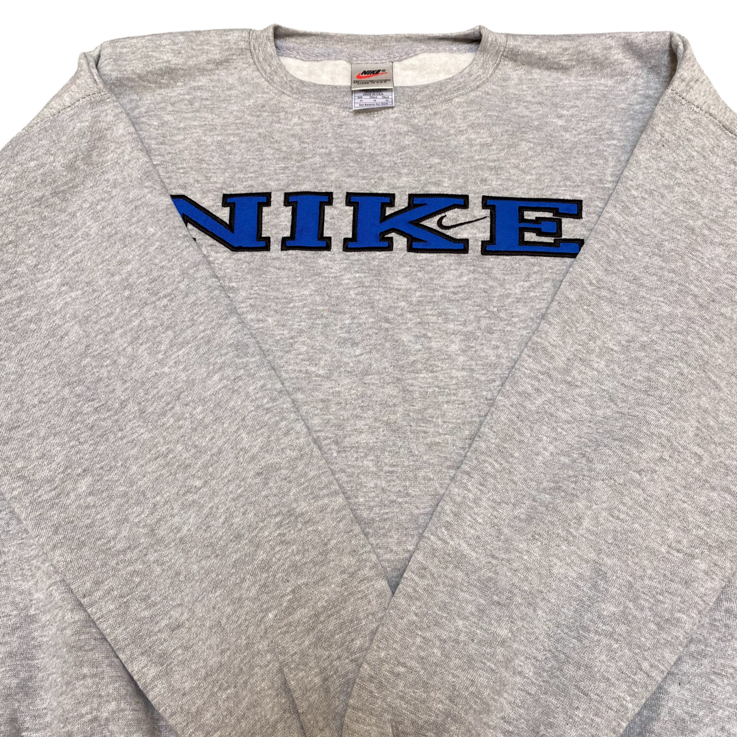 Nike Reworked Sweatshirt Mens Medium Grey Embroidered Spellout Logo Crew Neck