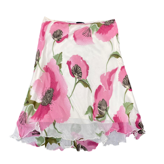 H&M A-Line Skirt Womens L White Pink Floral Midi Side Zipper Casual Outdoor