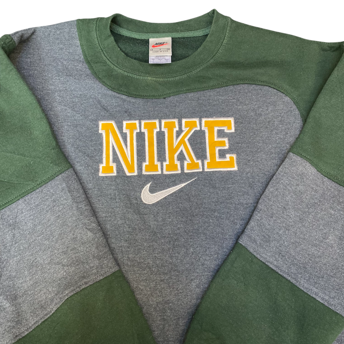 Nike Reworked Sweatshirt Mens S Green Grey Embroidered Spellout Logo Vintage Y2K