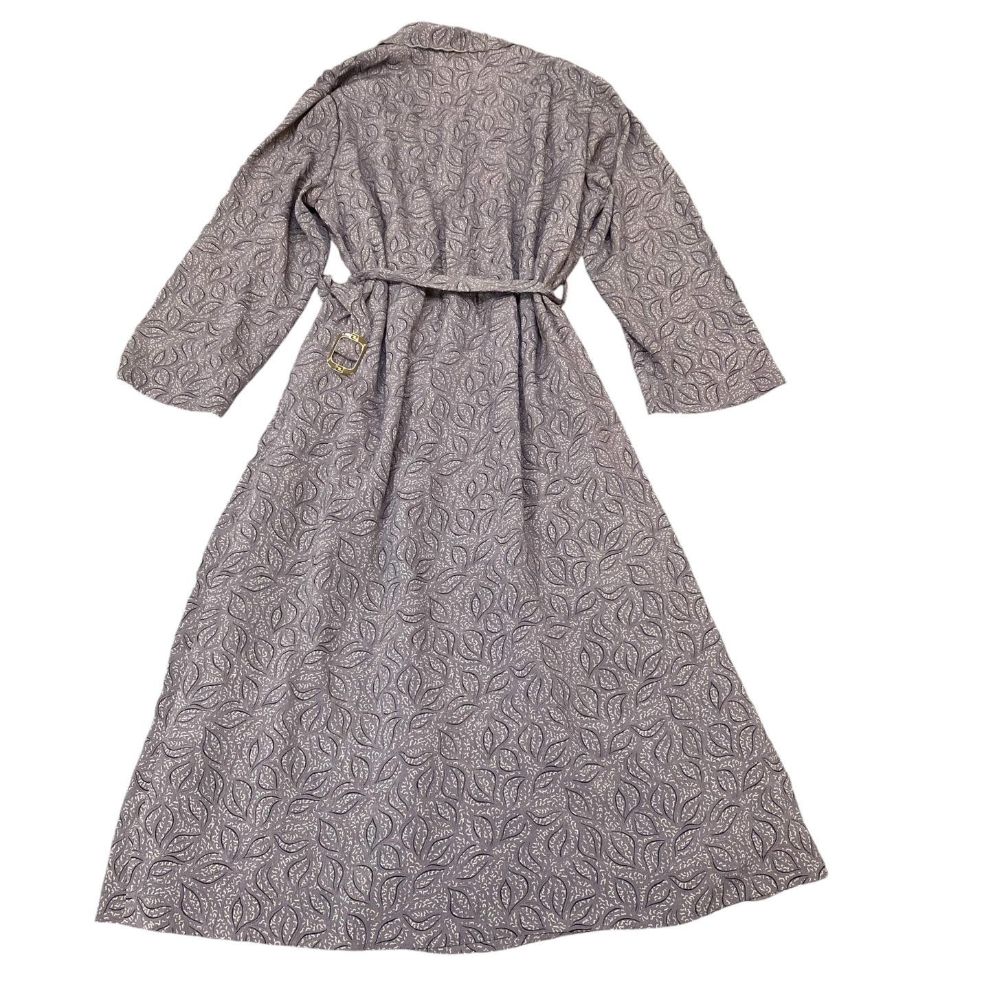 A-Line Dress Womens S Grey Leaf Print Belted Casual Long Sleeve Collared Outdoor
