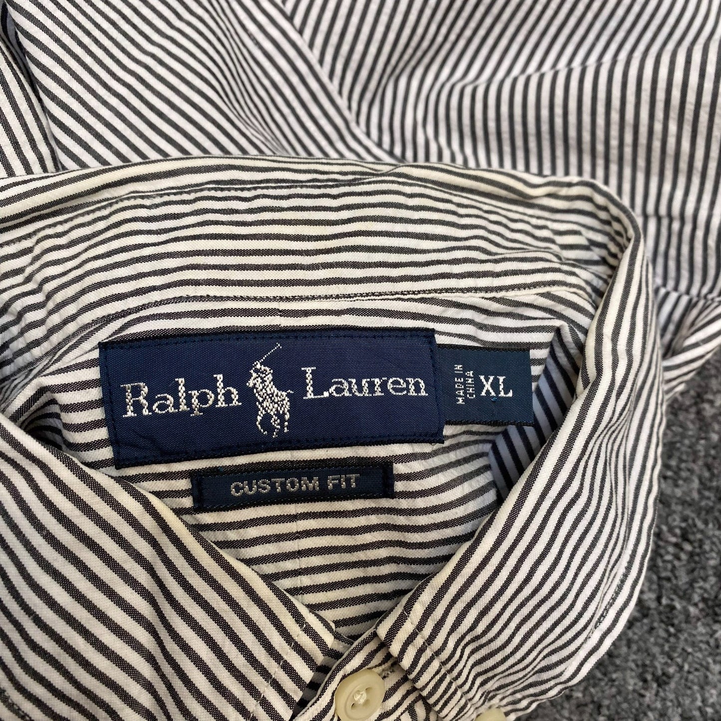 Ralph Lauren Shirt Mens XL White Black Striped Custom Fit Short Sleeve Button Up