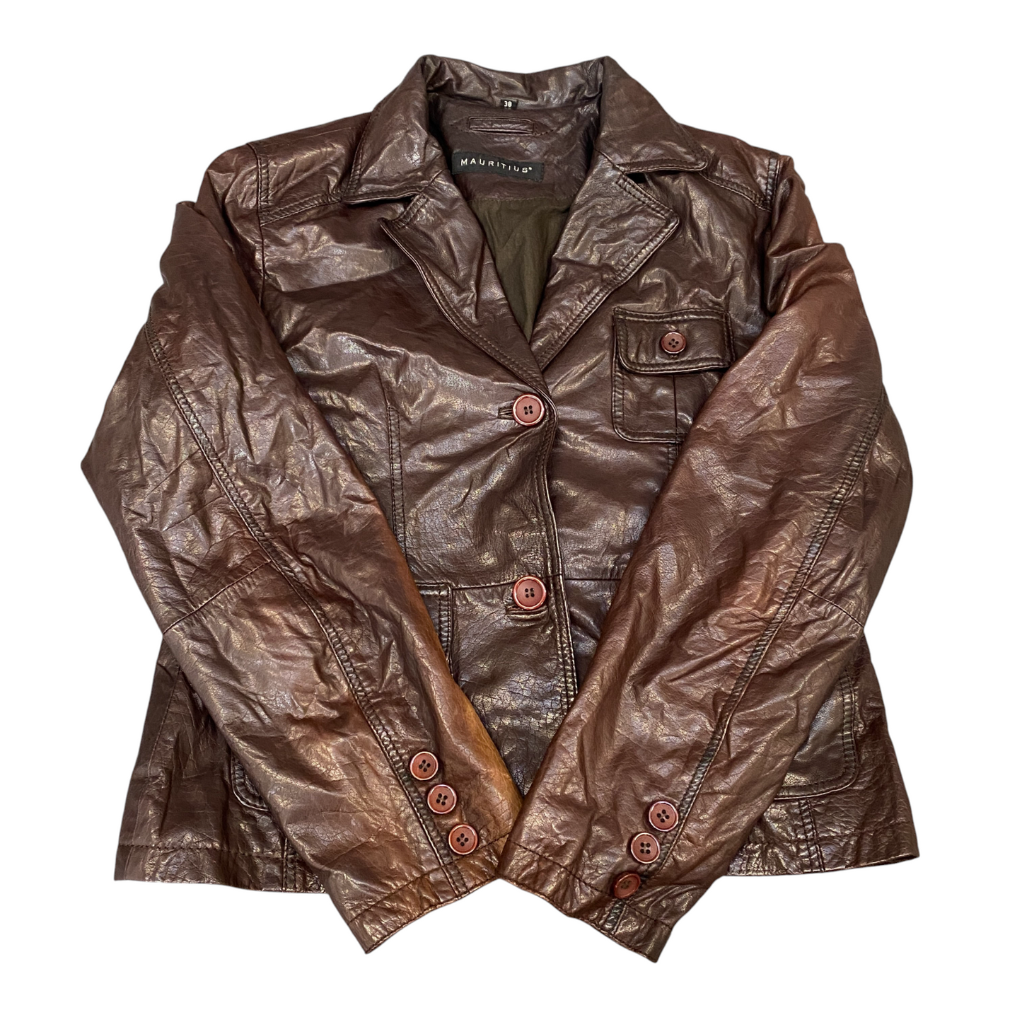 Mauritius Real Leather Blazer Jacket Womens M Brown Notch Lapel Single Breasted