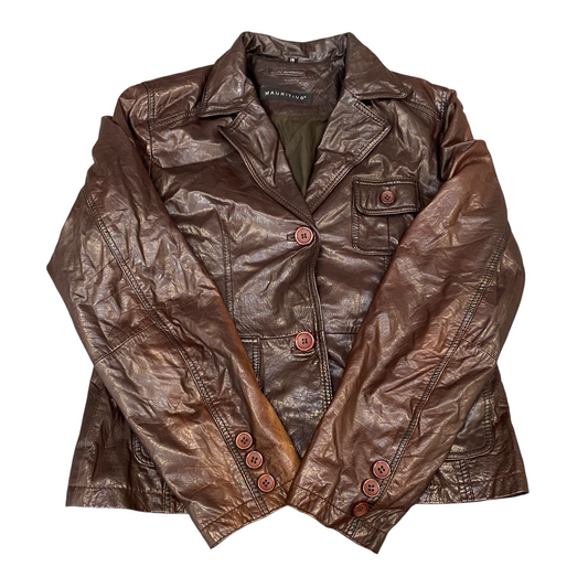 Mauritius Real Leather Blazer Jacket Womens M Brown Notch Lapel Single Breasted