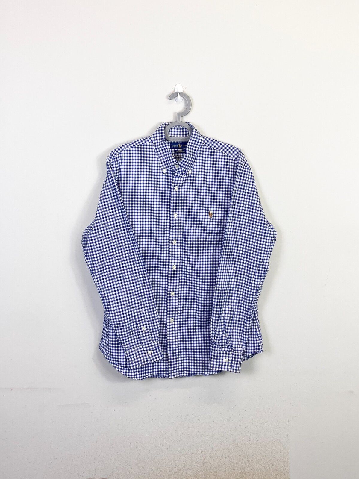 Ralph Lauren Shirt Men Large Blue Checkered Slim Fit Small Brown Polo Pony Logo