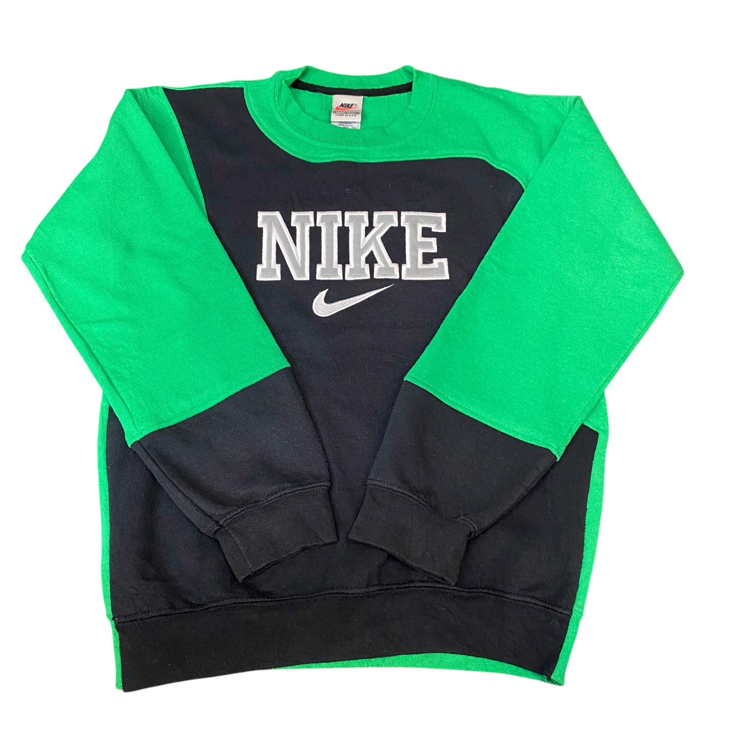 Nike Reworked Sweatshirt Mens S Green Black Embroidered Spellout Logo Vtg Y2K