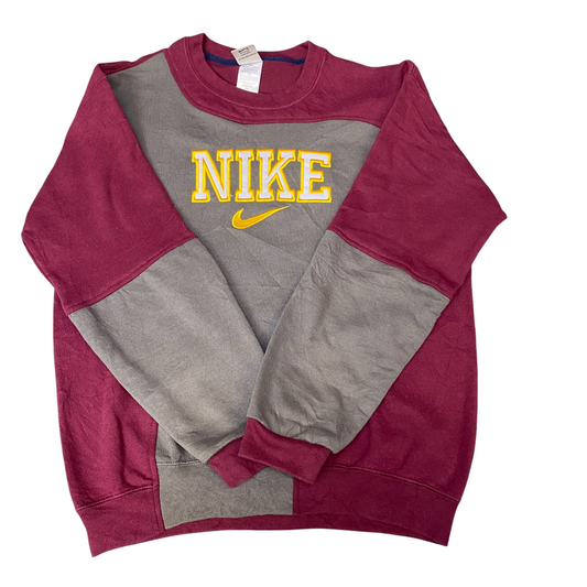 Nike Reworked Sweatshirt Men L Maroon Grey Embroidered Spellout Logo Vintage Y2K