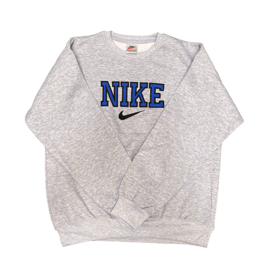 Nike Reworked Sweatshirt Mens S Grey Embroidered Spellout Logo Long Sleeve