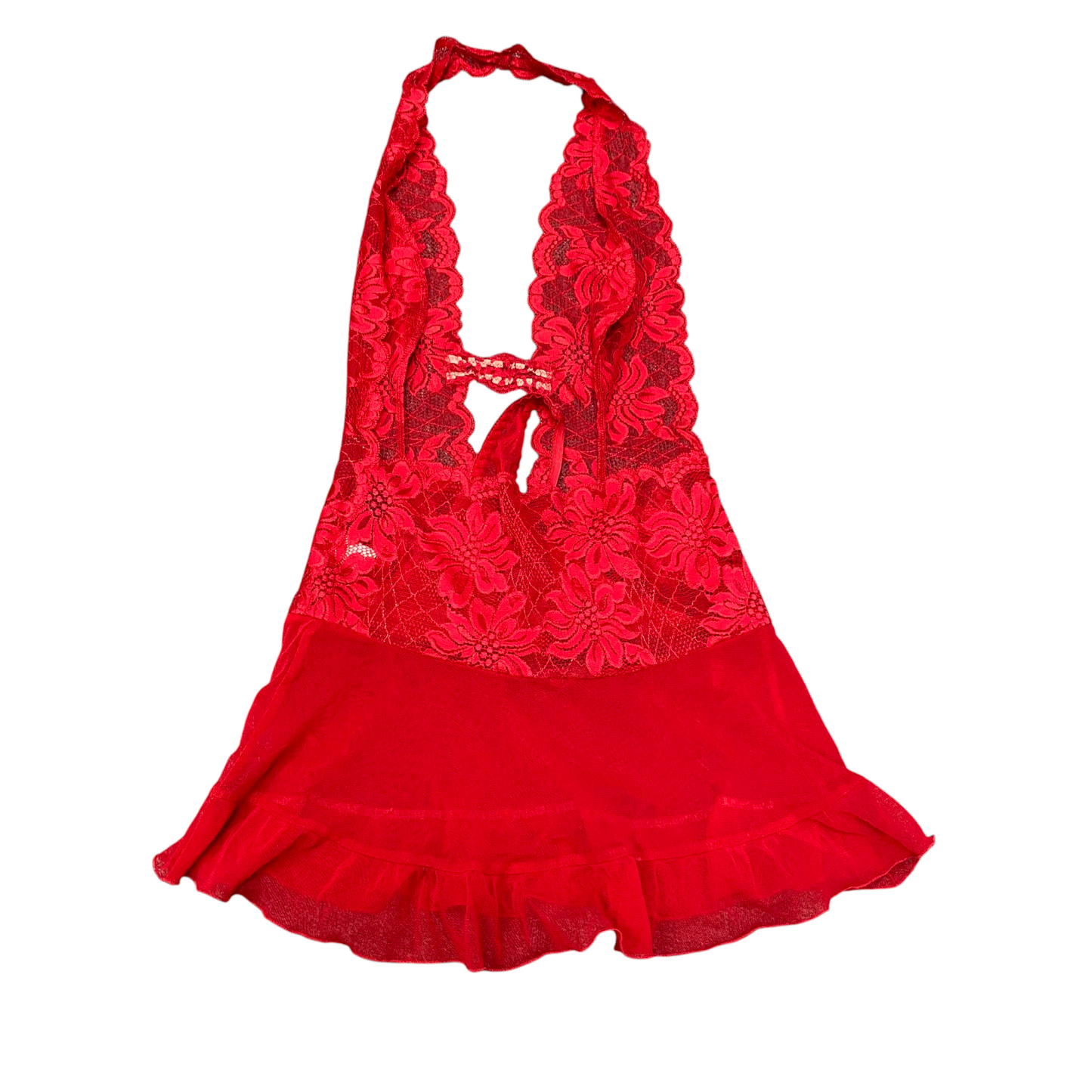 Chemise Lingerie Womens M Red Lace Floral Sexy Halter Neck Peplum Hem Stretch