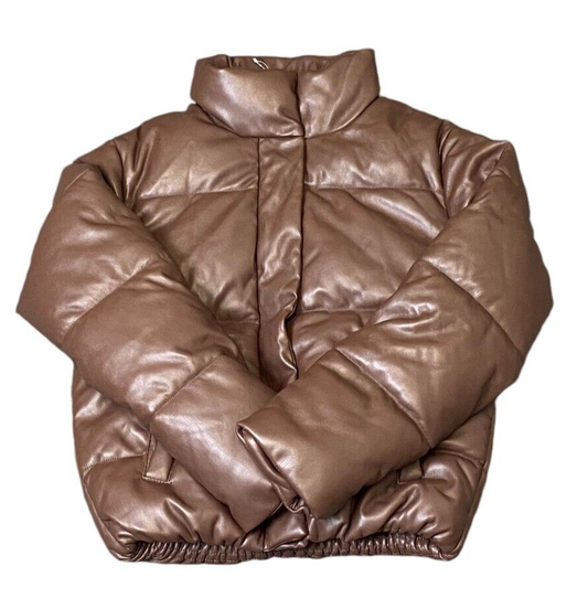 Primark Puffer Jacket Women's XS Brown Leather Lined Long Sleeve Full Zipper