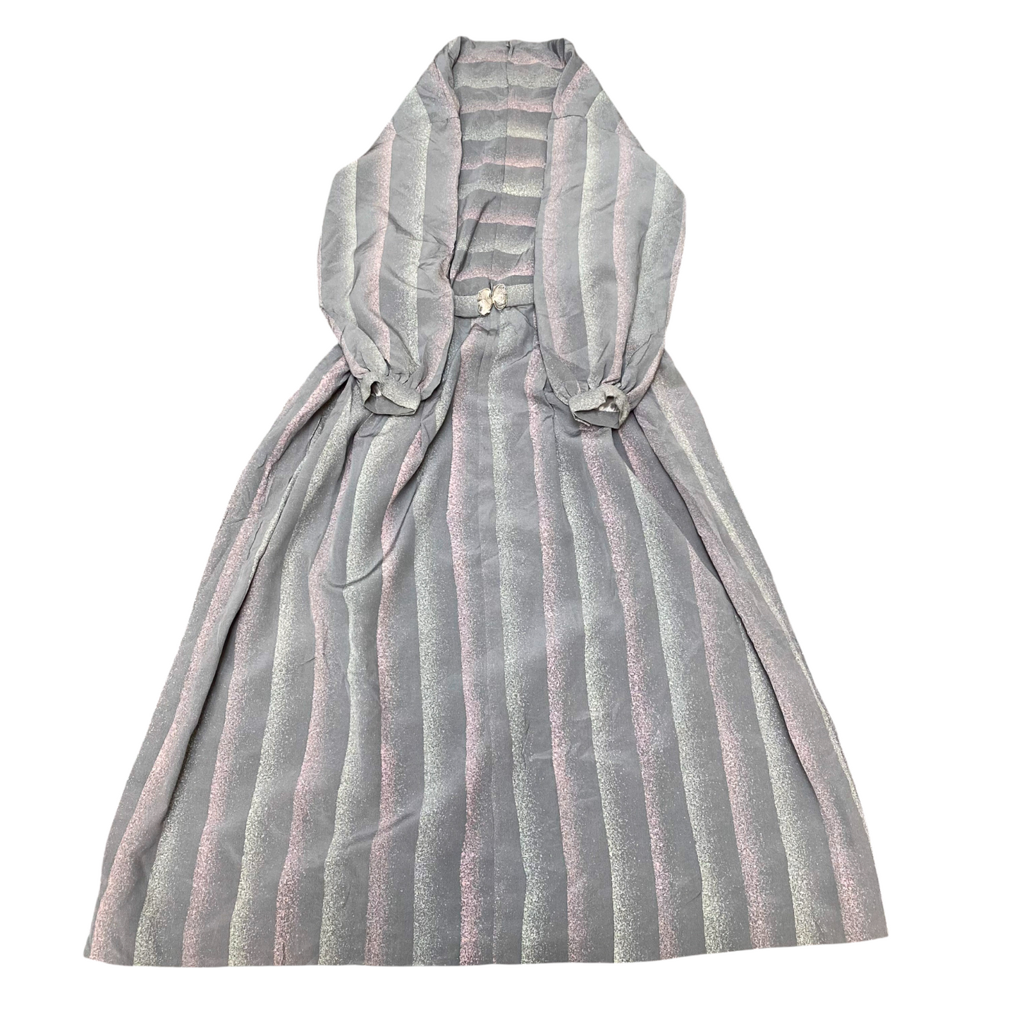 Long Maxi Dress Womens S Grey Striped Belted Balloon Sleeve Round Neck Back Zip