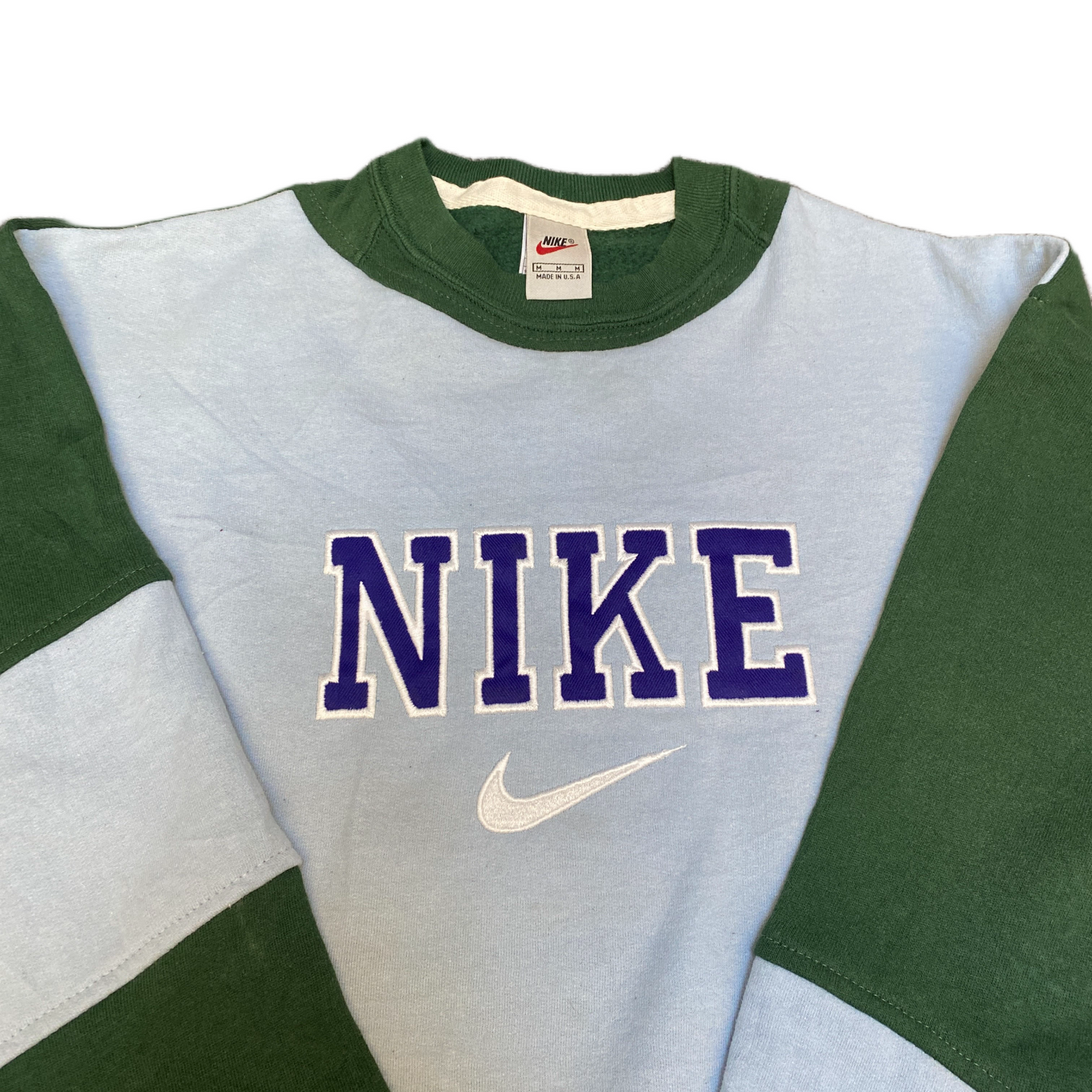 Nike Reworked Sweatshirt Mens M Green Blue Embroidered Spellout Logo Vintage Y2K