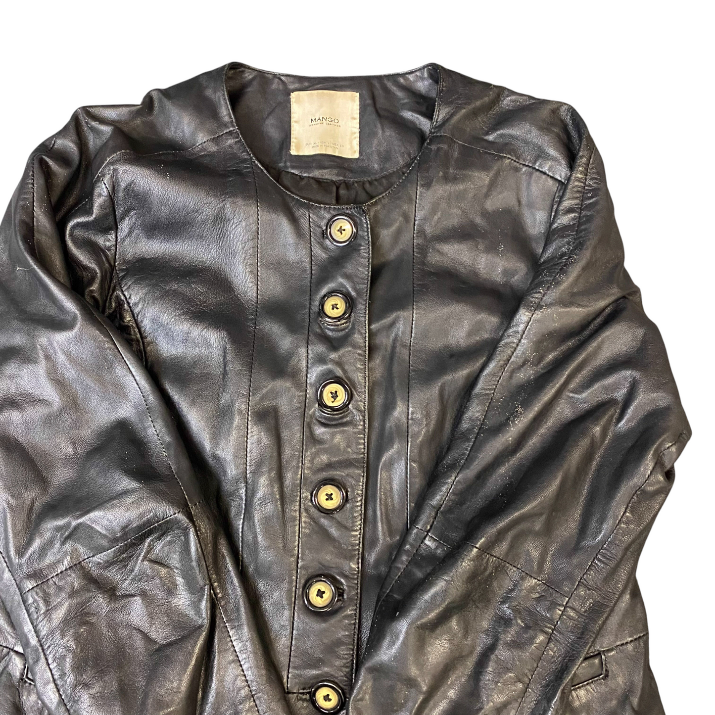 Mango Genuine Leather Jacket Womens Medium Black Lined Long Sleeve Button Front