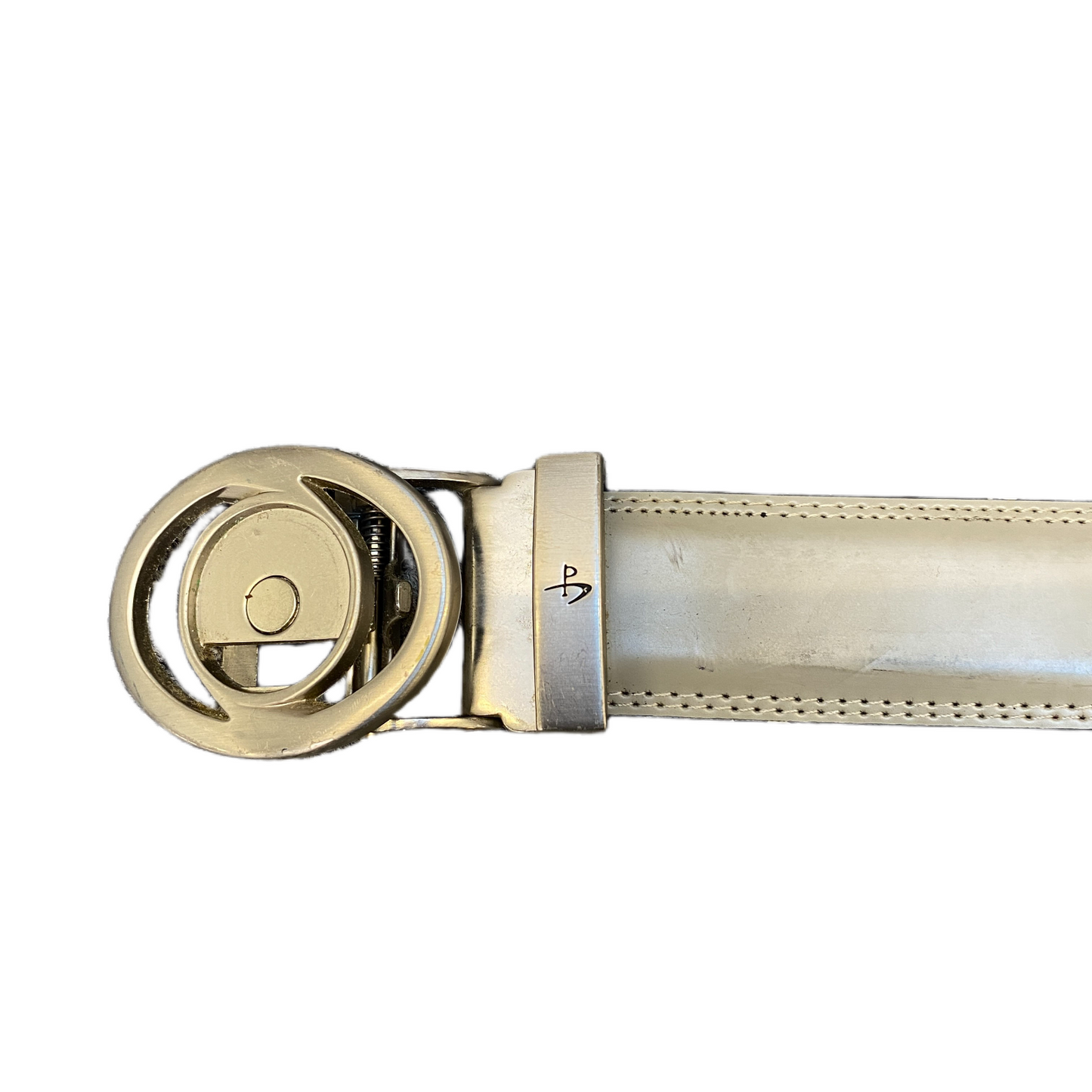 Waist Belt Men Beige Leather Adjustable Silver Reversible Round Buckle 46 Inches