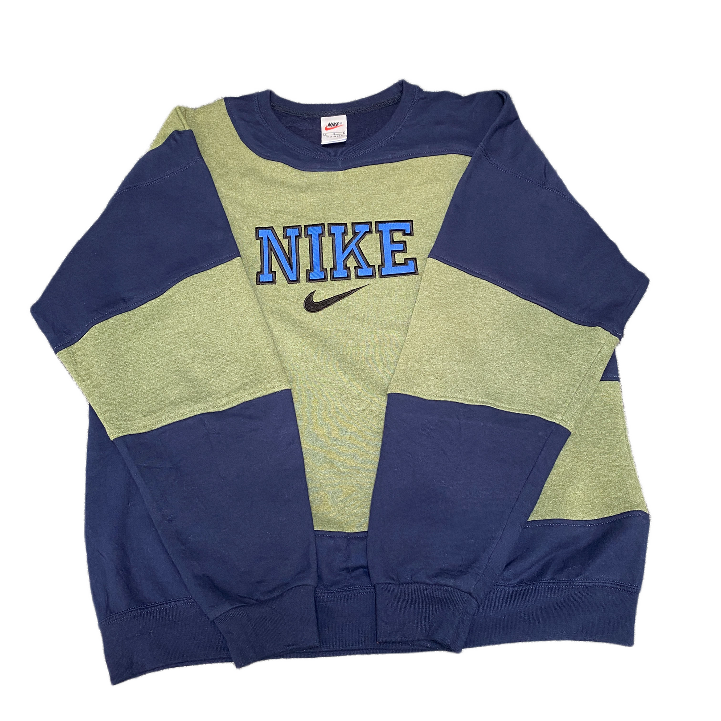 Nike Reworked Sweatshirt Mens L Navy Green Embroidered Spellout Logo Vintage Y2K