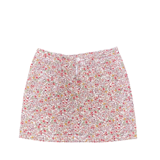 Womens Mini Skirt L Pink Ditsy Floral Flat Front Pockets Light Wash Modern