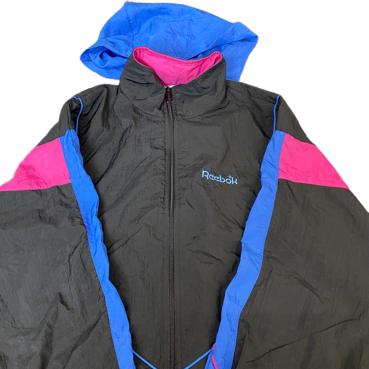 Vtg Reebok Windbreaker Jacket Women L Black Mesh Lined Embroidered Logo Full Zip