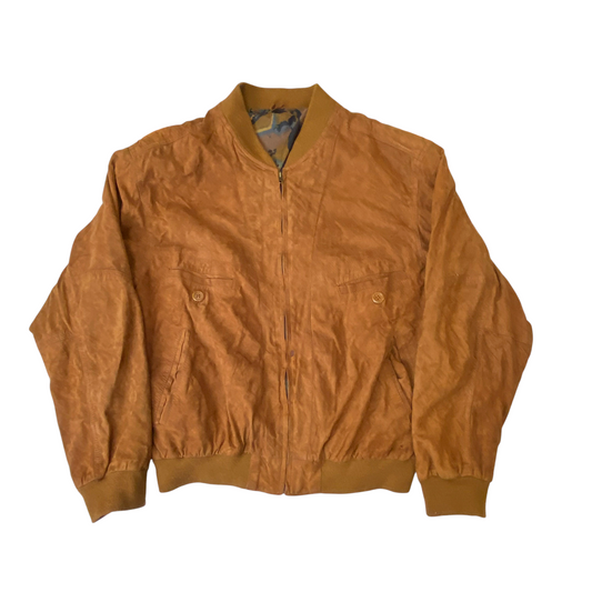 Bomber Jacket Mens Large Brown Suede Leather Pockets Long Sleeve Button Front