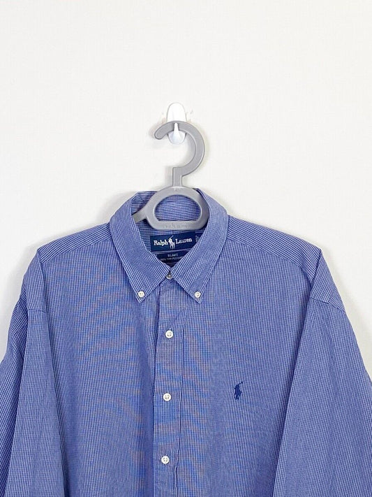 Ralph Lauren Shirt Men Large Blue Check Two-Ply Cotton Small Blue Polo Pony Logo