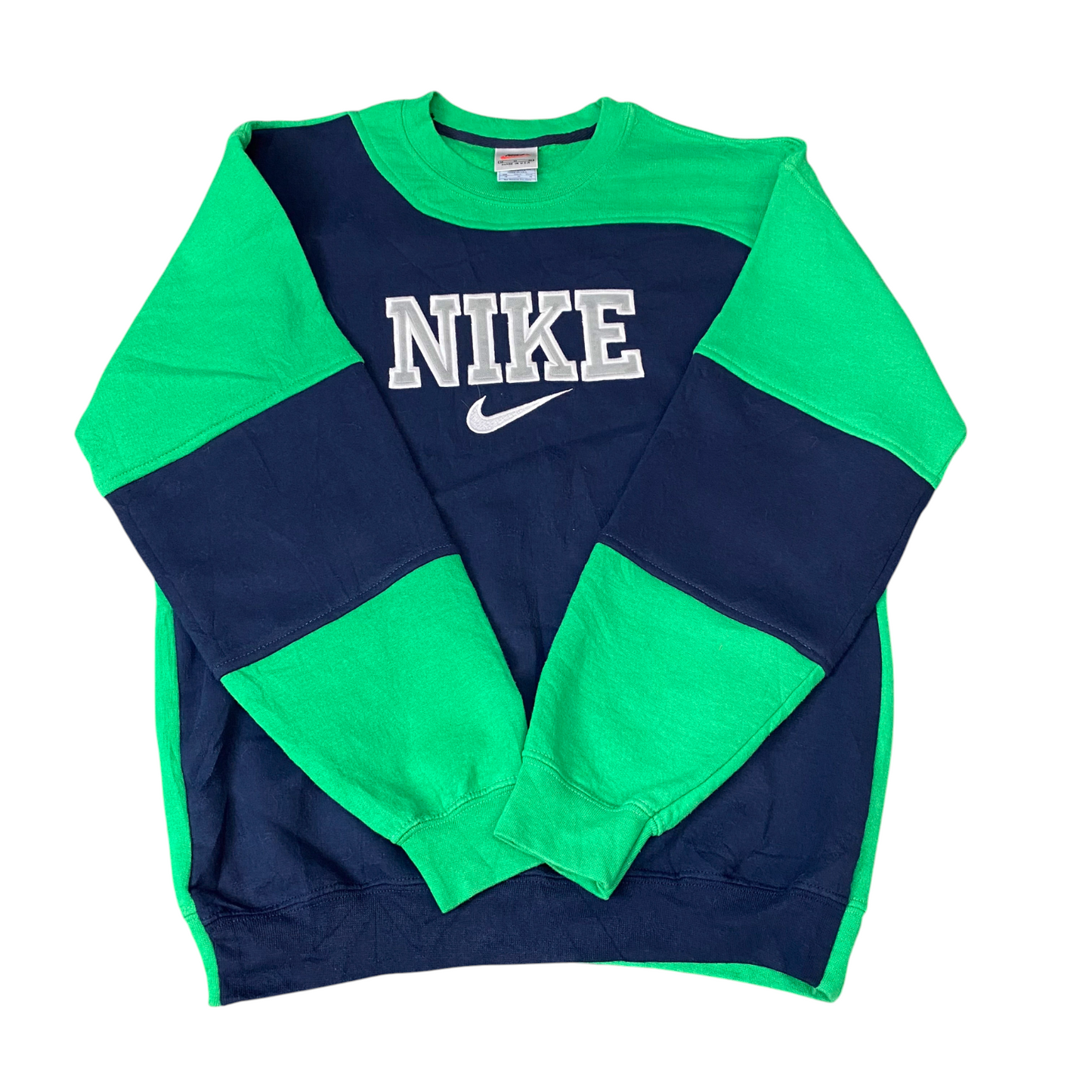 Nike Reworked Sweatshirt Mens M Blue Green Embroidered Spellout Logo Vintage Y2K