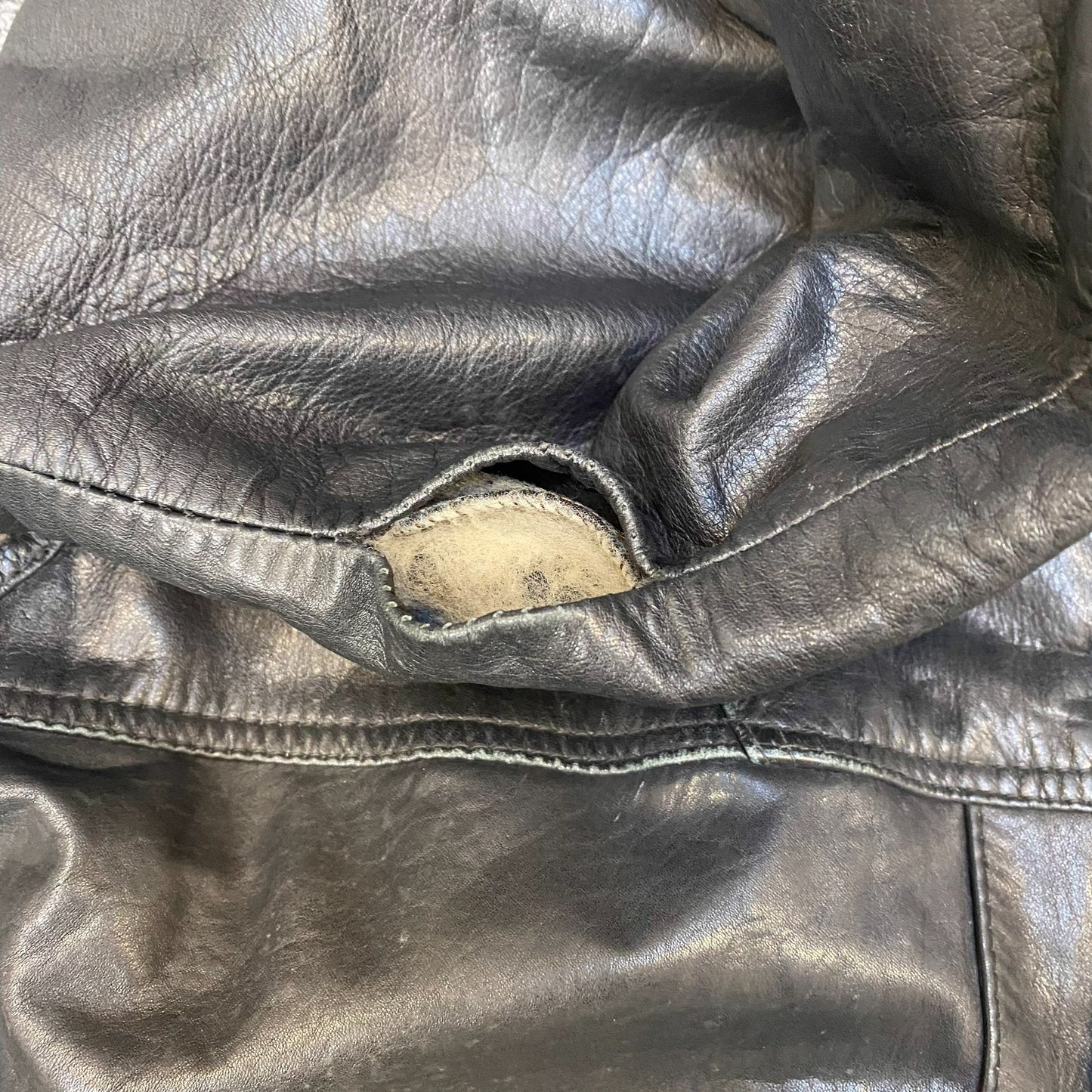 Mens Leather Jacket Large Black Lined Collared Snap Button Elasticated Hem