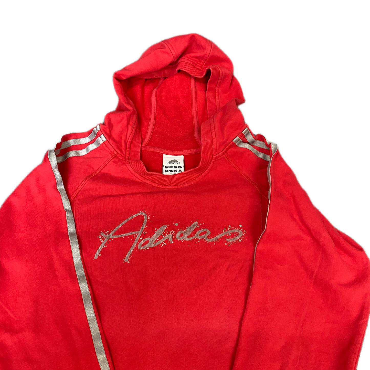 Adidas Hoodie Girls XS Red Silver 3-Stripes Fleece Lined Long Sleeve Pullover