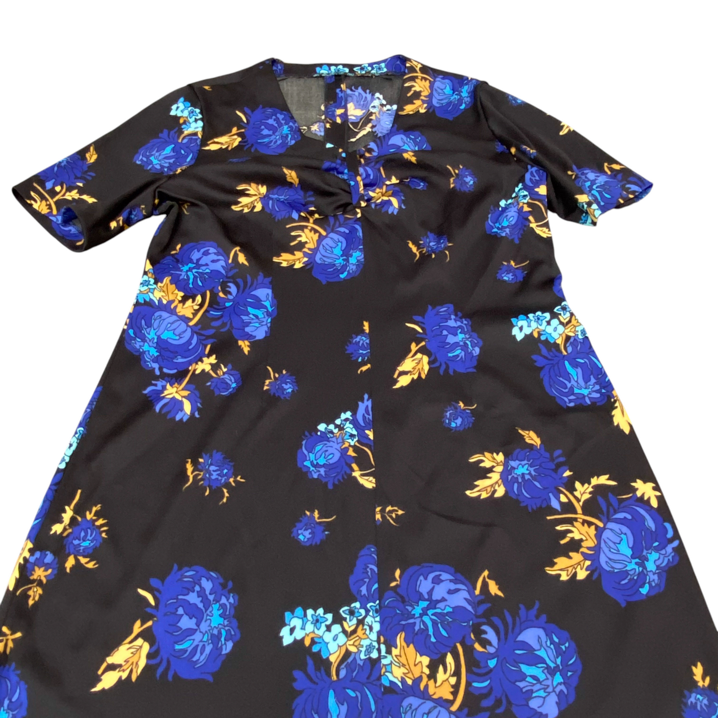 A-Line Dress Womens M Black Blue Floral Casual Short Sleeve V-Neck Pullover