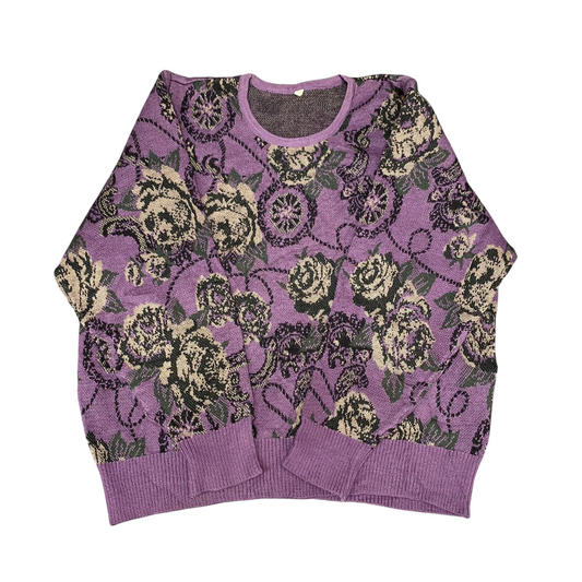 Jumper Womens Large Purple Grey Floral Knit Long Sleeve Crew Neck Pullover