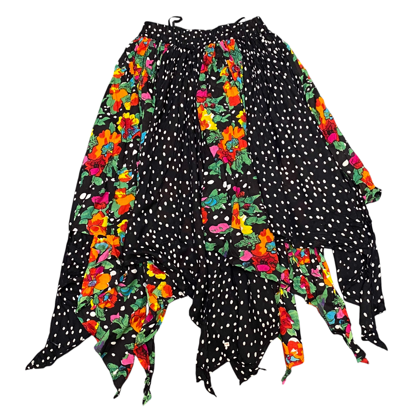 Women's Fairy Skirt M Black Polka Dot & Floral Print Scarf Hem Elastic Waist