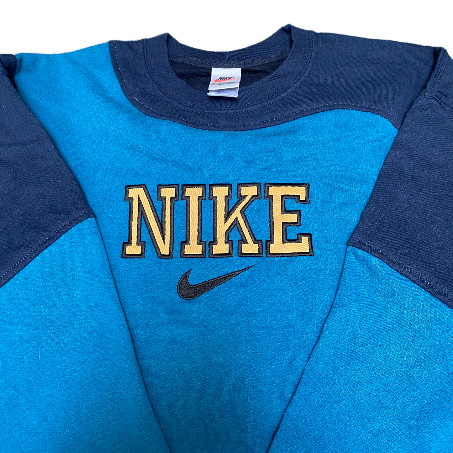 Nike Reworked Sweatshirt Mens L Navy Blue Embroidered Spellout Logo Vintage Y2K