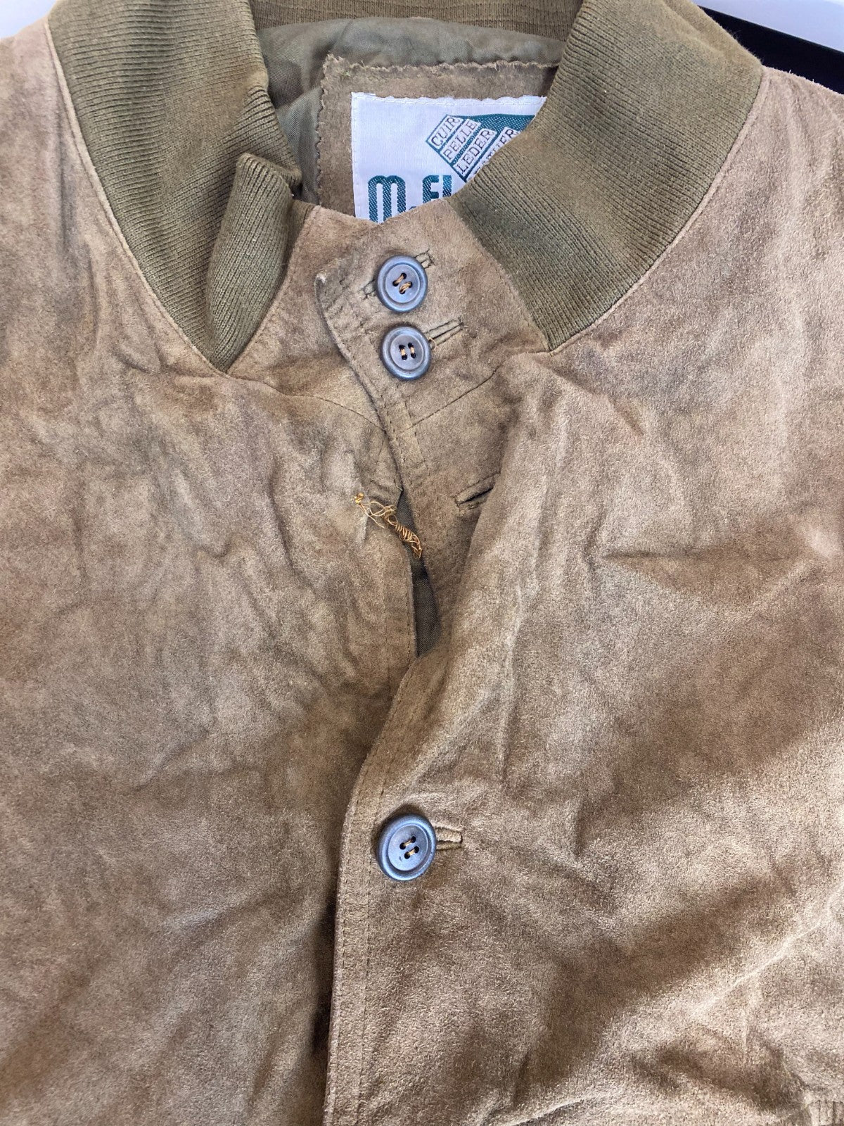 Bomber Jacket Mens L Green Suede Leather Long Sleeve Pockets Button Front
